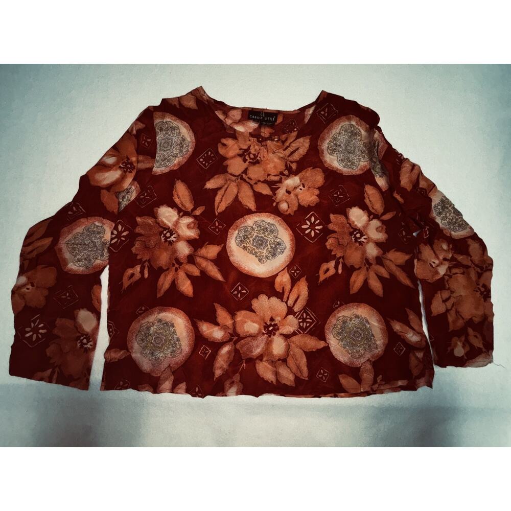 Carole Little Women's Rust Floral 100% Silk Blouse Top Size 16 L Long Sleeve